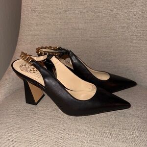 Vince Camuto Black Leather Slingback Chunky Heel Size 6.5